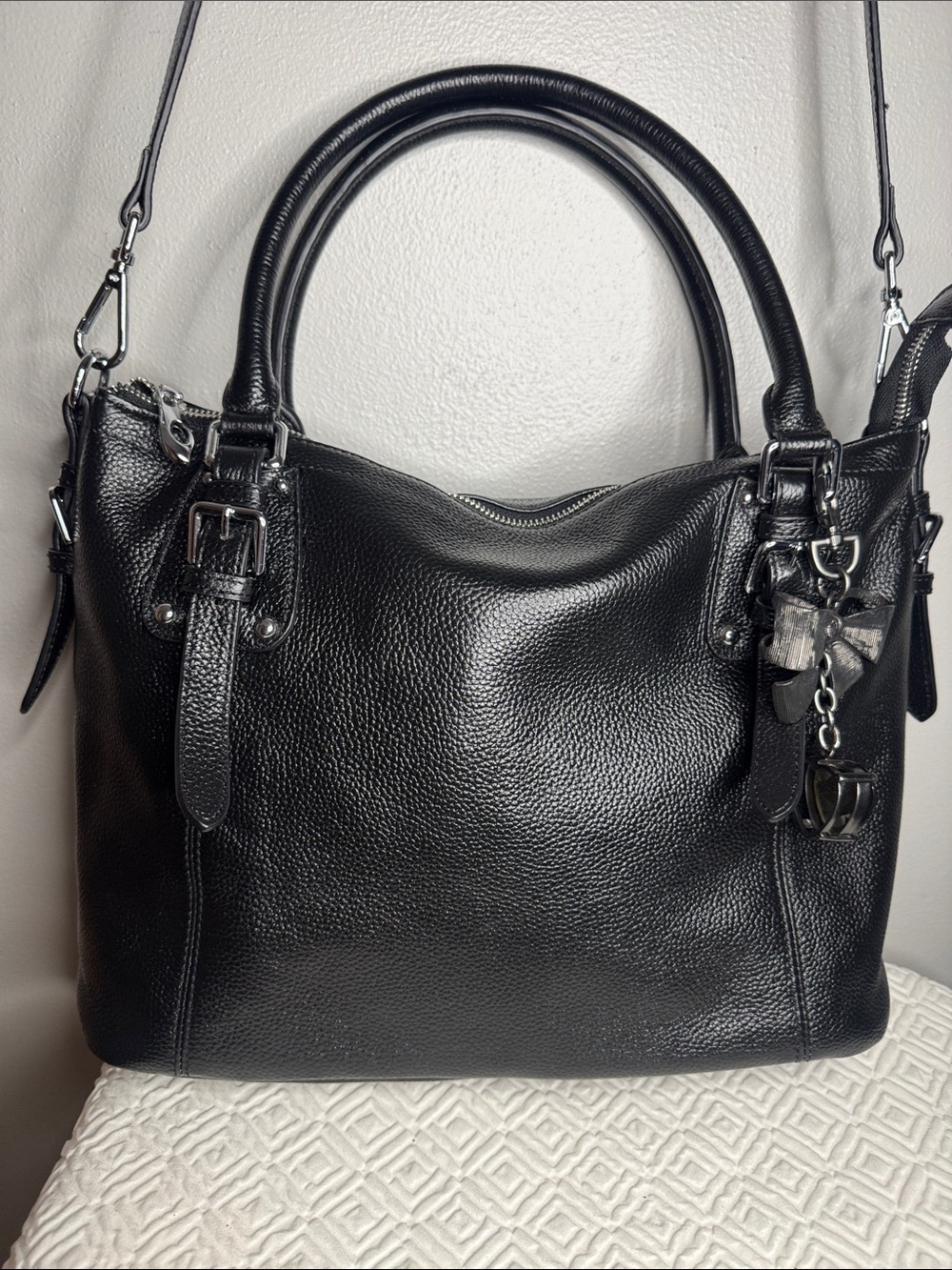 S-Zone Crossbody Handbag Pebbled Leather Black Silver Accents
